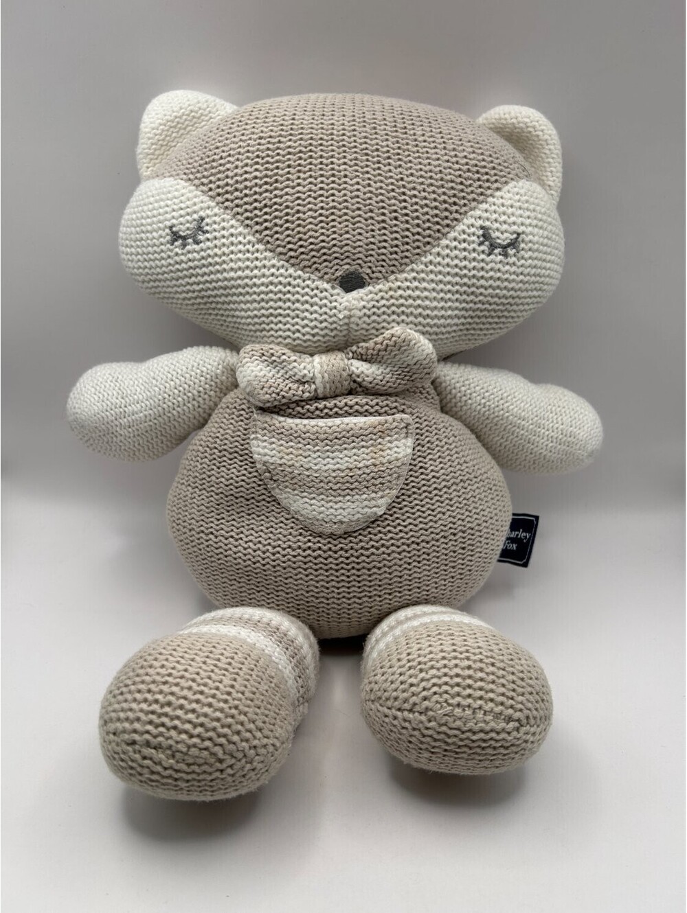 Charley Fox pre-owned plush toy Beige garter knit striped legs Embroidered